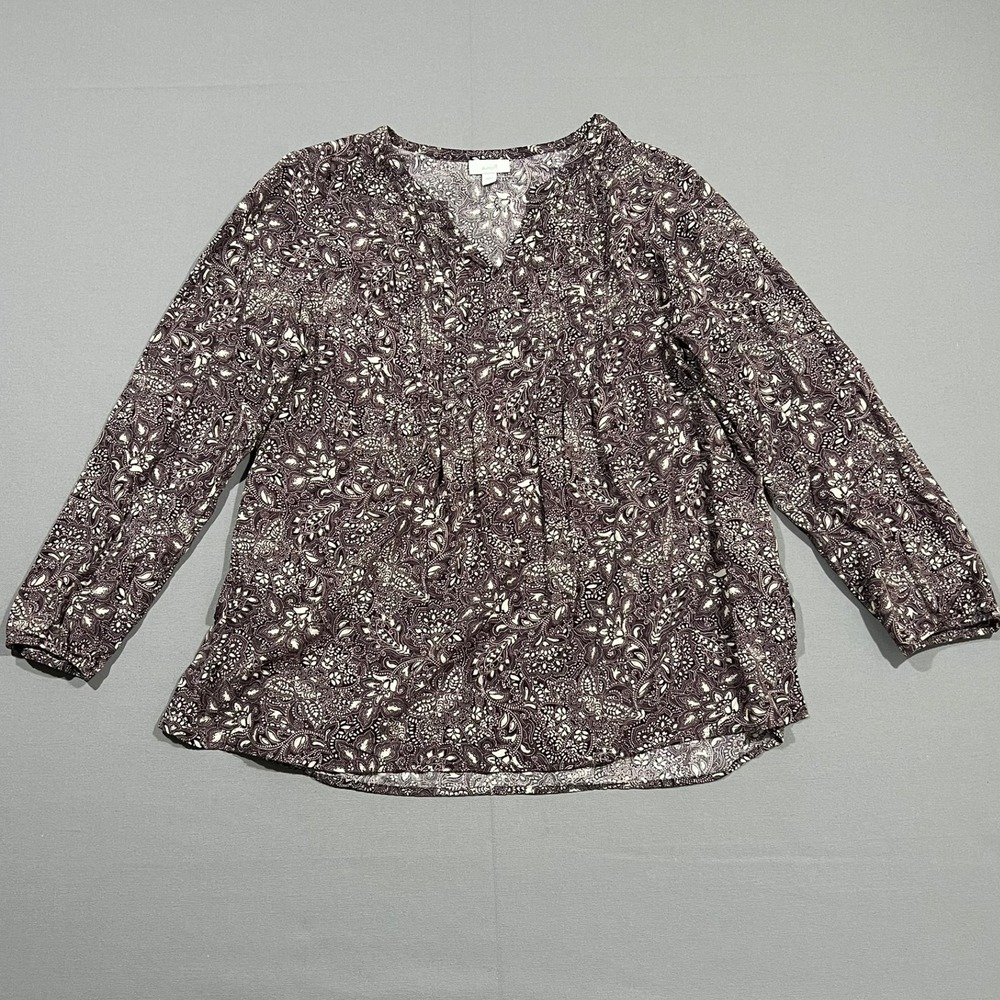 Pure Jill Top Blouse Floral Paisley Split Neck‎ Pleated Purple Women's Size L